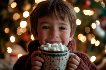 Naklejka premium Smiling boy holding a cup of hot cocoa with marshmallows in front of a glowing Christmas tree, radiating warmth and holiday cheer