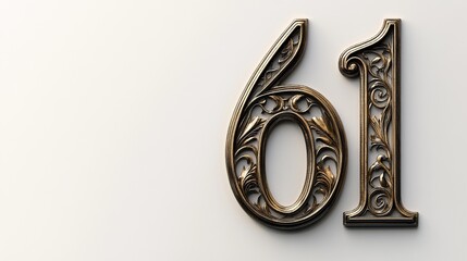 Ornate gold number 61 on white background.