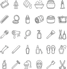Spa, Bath, Beauty, Hygiene, Grooming, Wellness, Cosmetic, Icons, Line Art, Products
