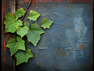 Lush green ivy leaves climbing a rustic, weathered metal surface.  Perfect for backgrounds, textures, or nature-themed designs.
