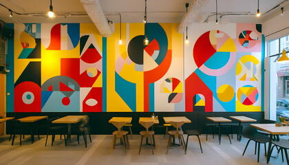 Vibrant geometric mural adorns a modern cafe's wall, featuring colorful abstract shapes and patterns, creating a trendy and stylish atmosphere. Tables and chairs are arranged invitingly.