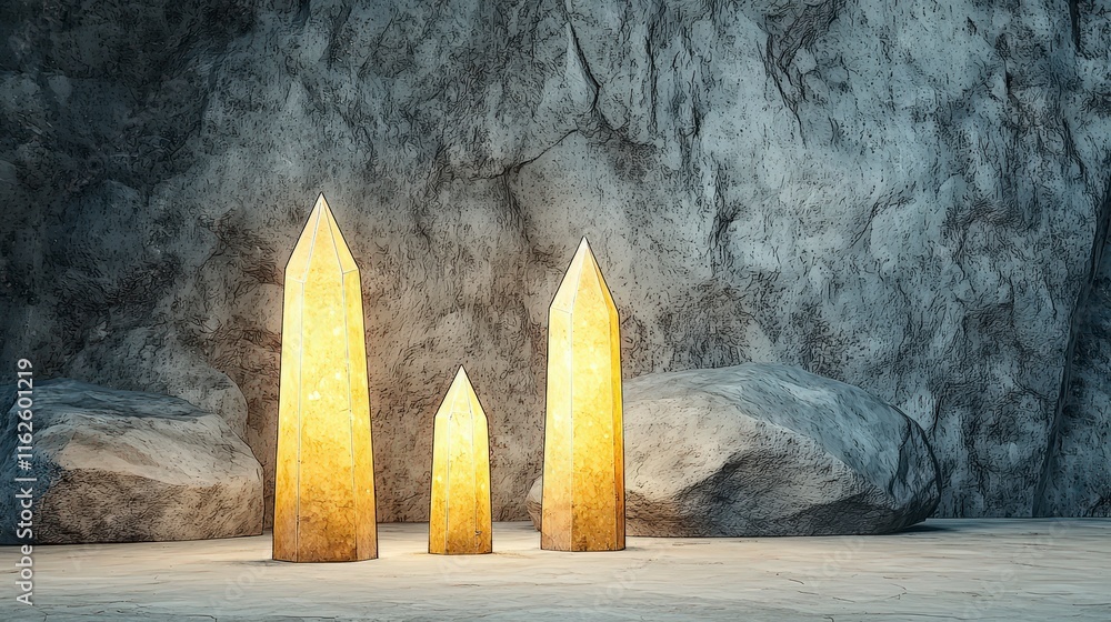 Poster three glowing crystals in a dark cave setting with textured rock background