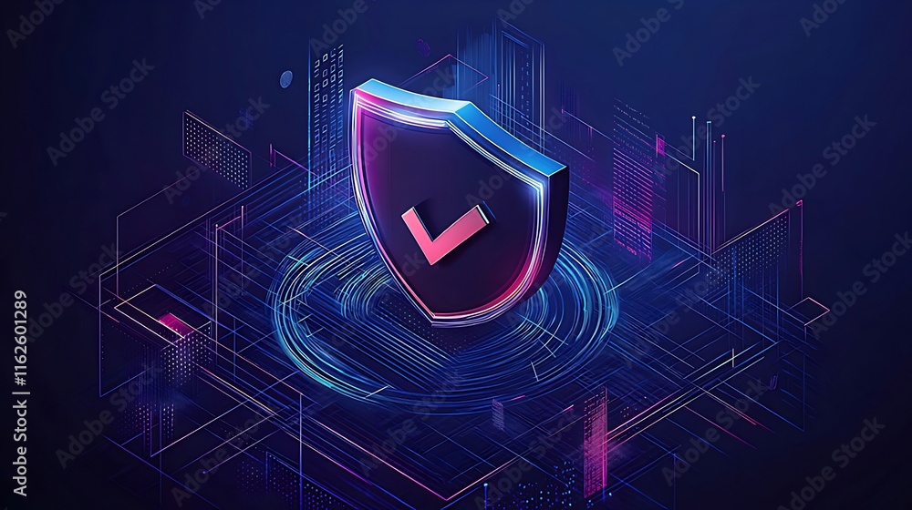 Poster 3d isometric digital shield with checkmark, representing cybersecurity and data protection.