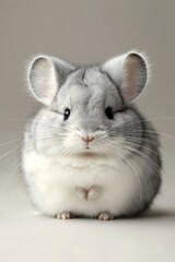Chinchilla posing in studio, eyes fixed directly on viewer with soft, fluffy gray fur against minimalist neutral backdrop