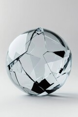 Naklejka premium Shattered glass sphere fragmenting, reflecting light on stark white surface, producing minimalist artistic visual effect