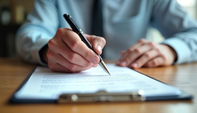 Estate planning attorney drafting legal documents. Person carefully reviews legal document in office. Lawyer focuses on trust asset management. Focus on personal guidance with inheritance, bequest.