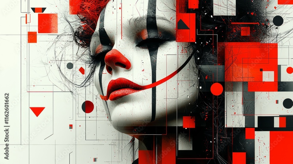 Poster colorful geometric clown design showcases blend triangles circles and squares creating modern look. 