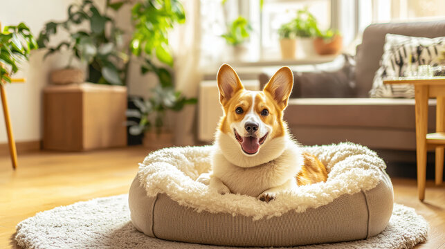 Happy Dog Relaxing on Hypoallergenic Bed in Bright Living Room - Perfect for Allergy Safe Comfort