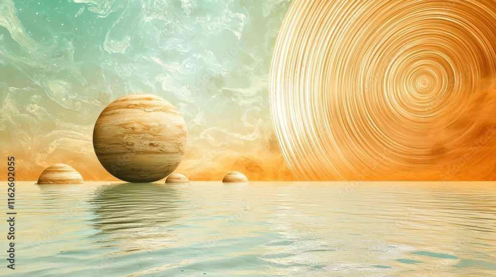Poster abstract celestial landscape with planets and swirling patterns in vibrant colors