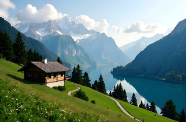 Fototapeta premium A charming house rests on a picturesque hill, providing a stunning view of a serene lake that is beautifully encircled by majestic mountains