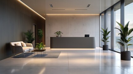 Modern reception area with a sleek desk, contemporary seating, and a welcoming ambiance.