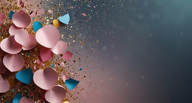 Colorful glitter and confetti on a bright gradient background. Eve event posters, party invitations, pop art