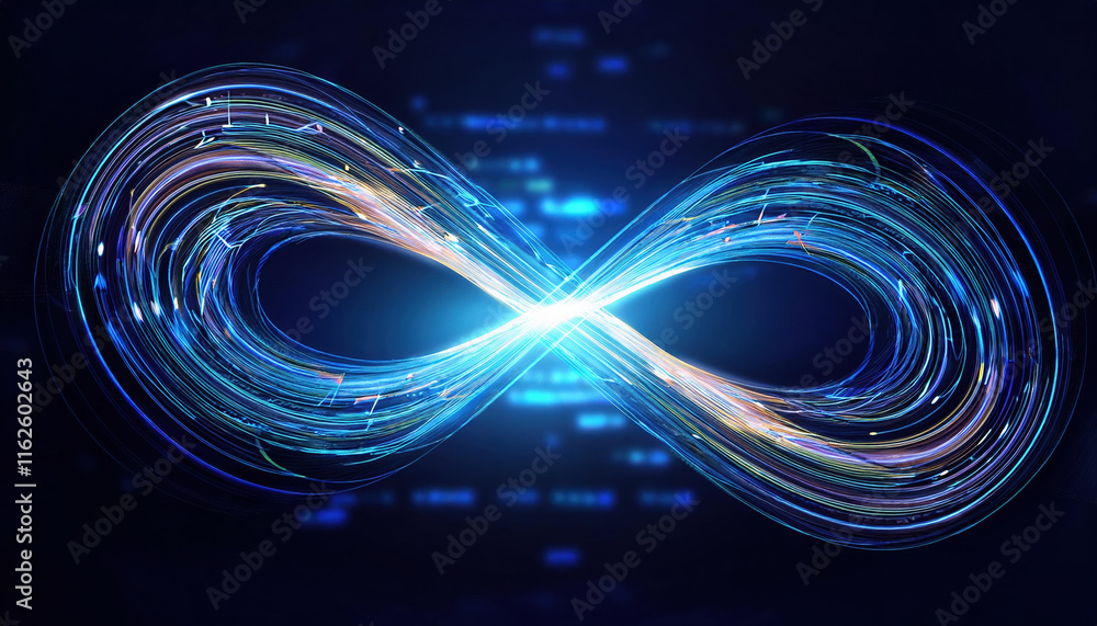 Poster glowing infinity loop representing data science workflows and ai concepts, showcasing vibrant colors