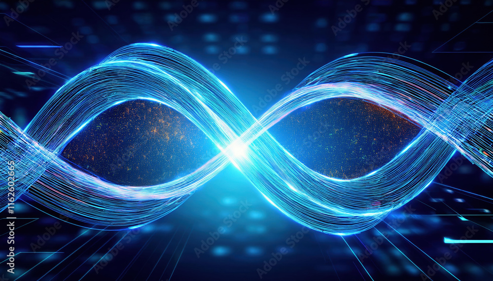 Poster conceptual illustration of glowing infinity loop representing data science workflows and ai, showcas
