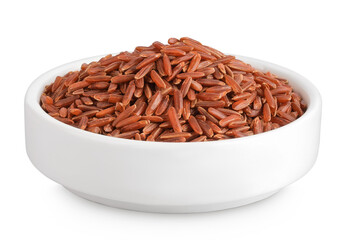 red rice in a ceramic bowl isolated on white background