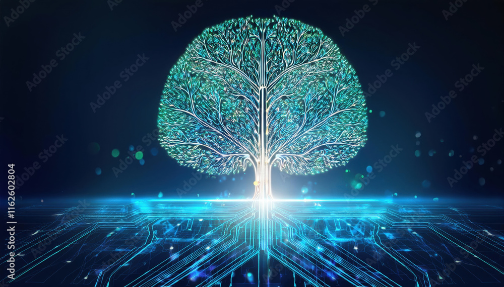 Poster digital tree with glowing branches and roots symbolizes growth and technology
