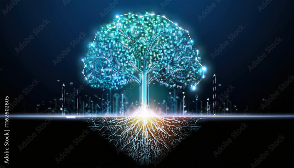 Aufkleber glowing tree with luminous roots and branches symbolizes growth and connection