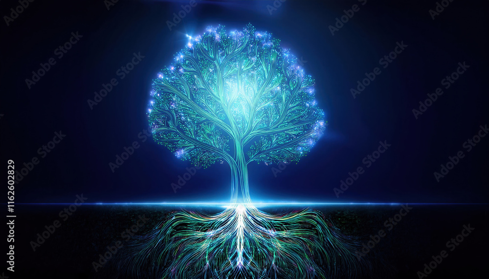 Poster glowing tree with luminous roots and branches symbolizes life and connection