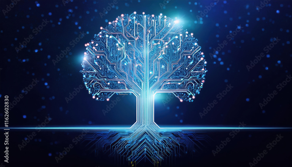 Aufkleber digital tree design with glowing branches and roots, symbolizing technology and nature connection