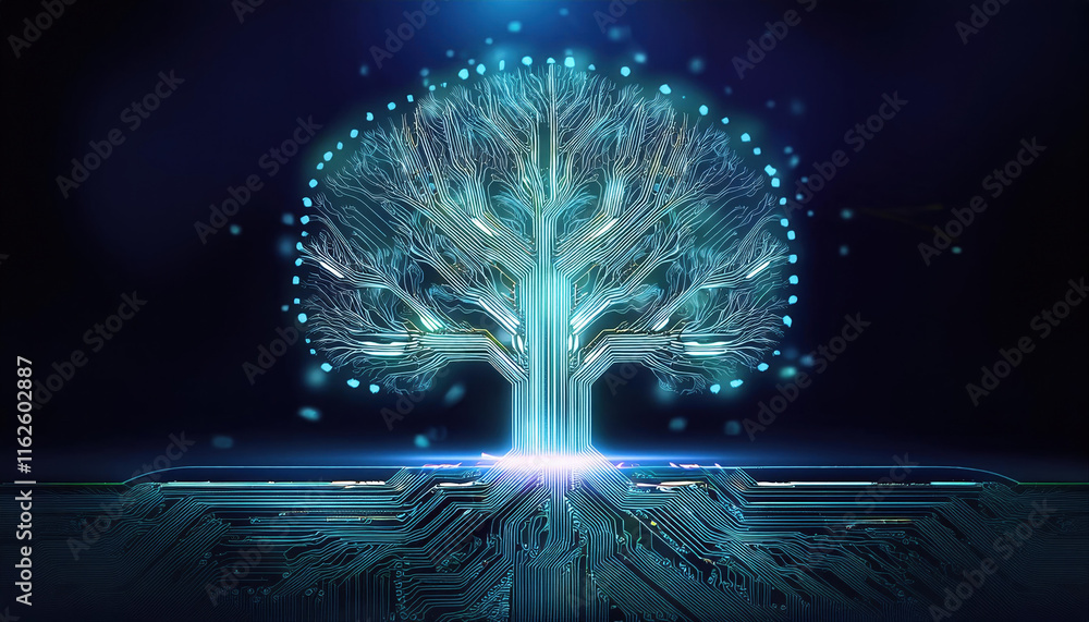 Poster digital tree with glowing roots and branches symbolizes growth and technology, merging nature and in