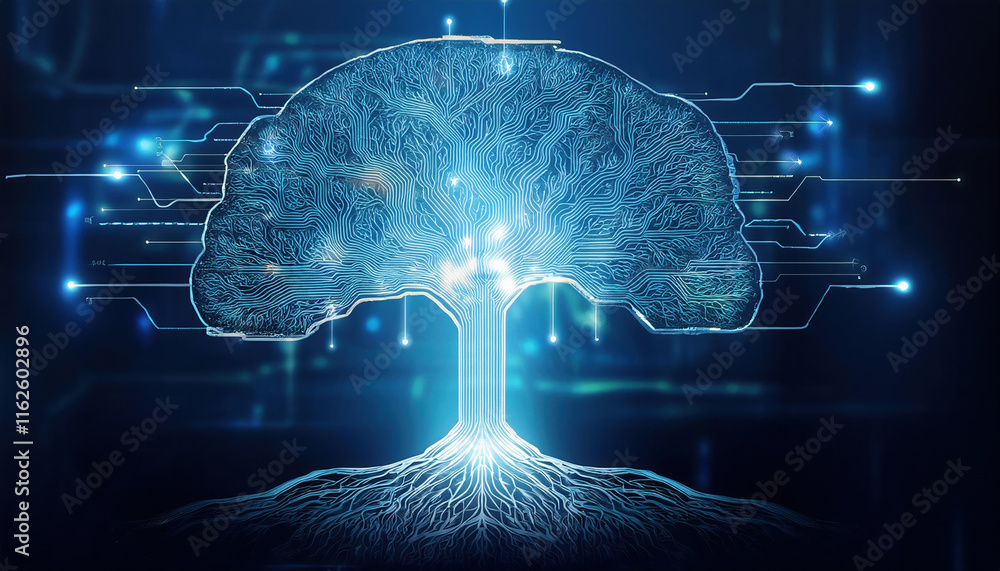 Poster digital representation of tree with glowing roots and branches, symbolizing knowledge and technology