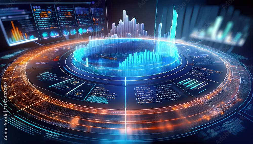 Poster futuristic holographic data science dashboard with real time analytics and visualizations. engaging 
