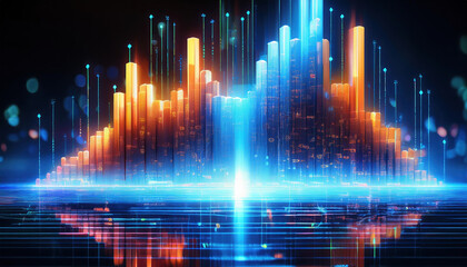 vibrant visualization of glowing bar chart with cascading binary code, showcasing data trends and insights