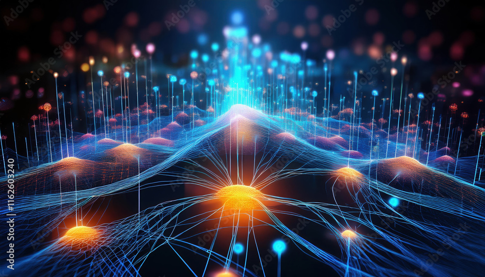 Poster vibrant neural network illustration with glowing data clusters and connections. futuristic design sh