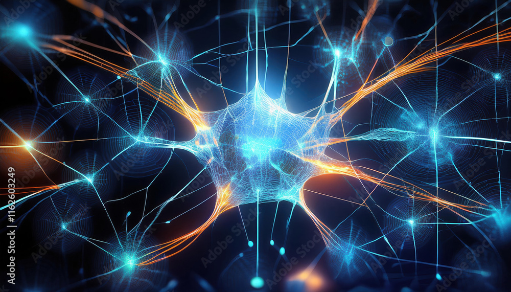 Poster futuristic illustration of neural network glowing with vibrant data visualizations, showcasing inter