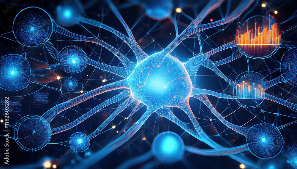 Poster futuristic illustration of neural network with glowing data visualizations, showcasing interconnecte