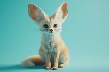 Fennec fox posing on turquoise background, highlighting oversized ears and delicate facial characteristics