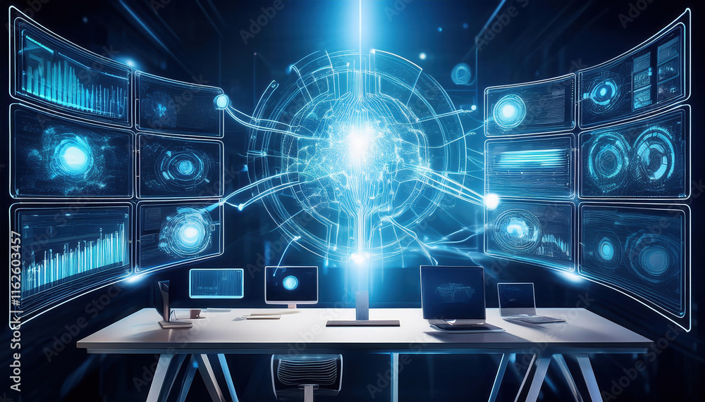 Poster futuristic workspace with glowing data streams and interconnected nodes, showcasing advanced technol