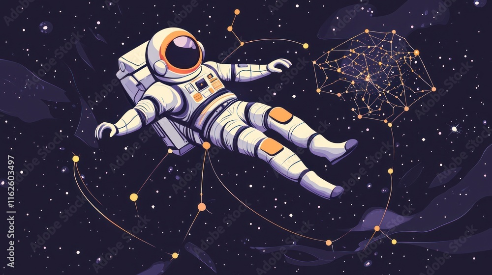 Poster astronaut floating in space reaching for a constellation