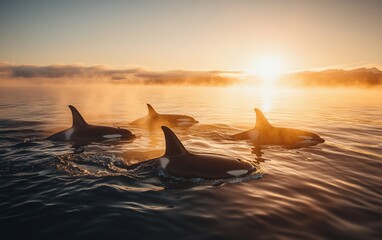 Orcas swimming at sunrise, misty ocean.
