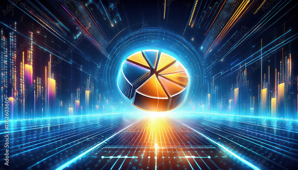 Poster glowing pie chart floats in digital space, surrounded by binary streams and holographic data, creati