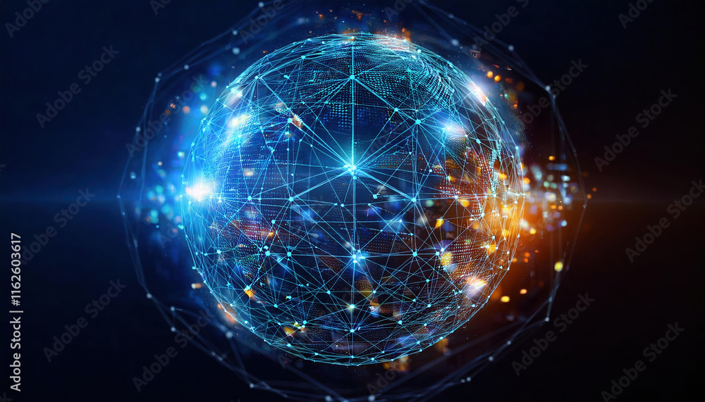 Poster glowing sphere of interconnected data points symbolizes big data processing, showcasing technology a