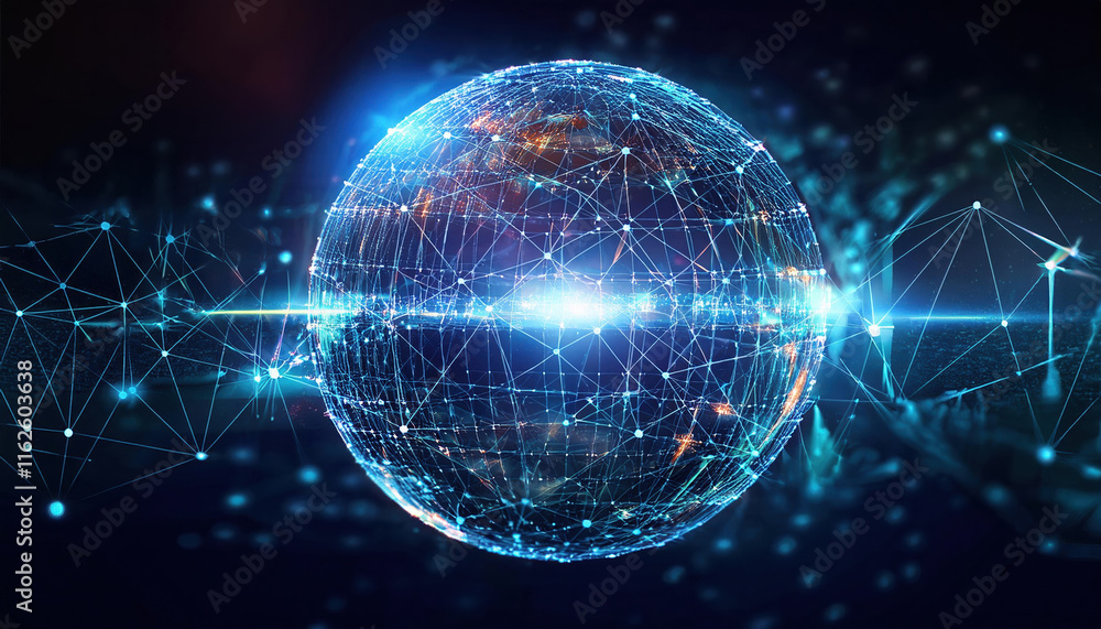 Poster glowing sphere of interconnected data points symbolizes big data processing, showcasing technology a