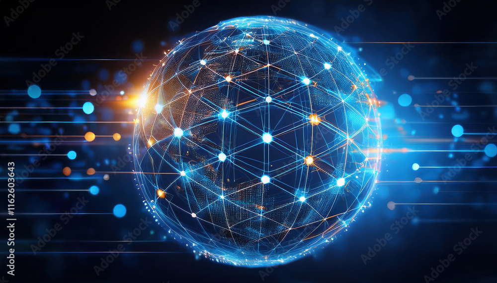 Poster glowing sphere of interconnected data points symbolizes big data processing, showcasing technology a