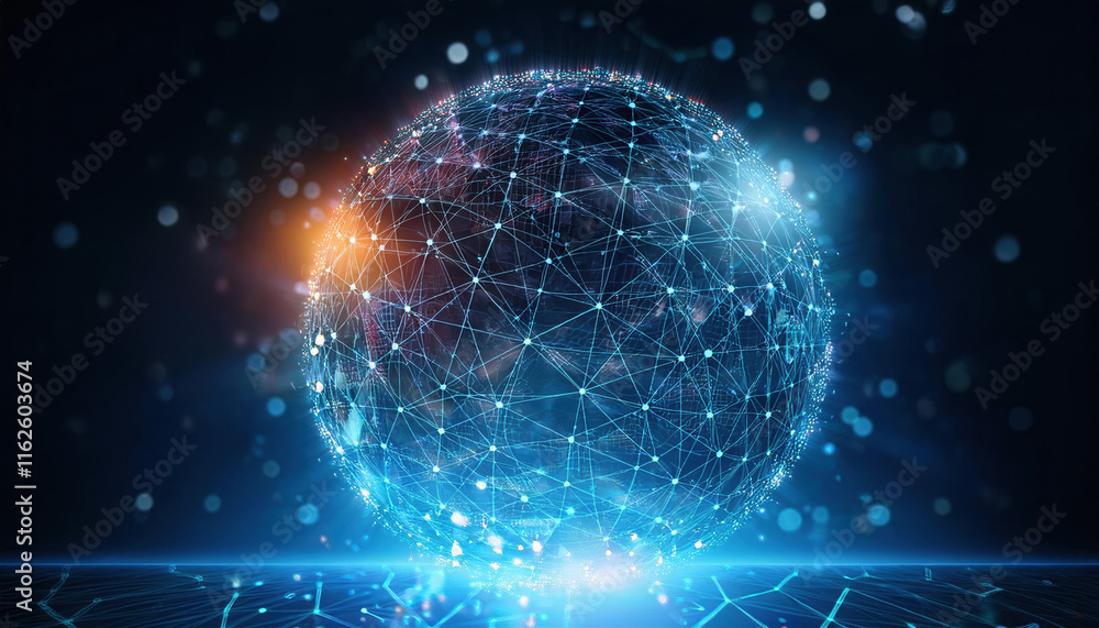 Poster glowing sphere of interconnected data points symbolizes big data processing, showcasing technology a