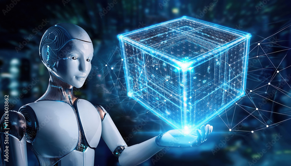 Poster robotic assistant holding glowing cube filled with interconnected data points, showcasing advanced t
