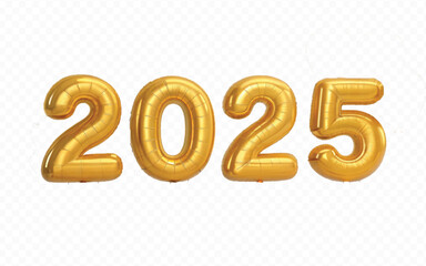 abstract 3d 2025 text  made with different golden colour  hellium balloons isolated on white background