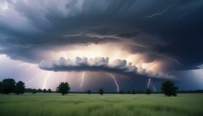 Una espectacular tormenta supercélula con nubes arremolinadas e intensos relámpagos sobre un campo de hierba