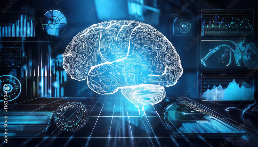 Poster digital brain illustration with data charts and graphs, symbolizing intelligence and analytics