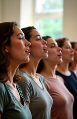 Group of women singing in choir rehearsal. Concentrating on harmony, vocal technique. Focused expressions. Music practice session in progress. Women wearing casual clothes. Indoor setting, likely