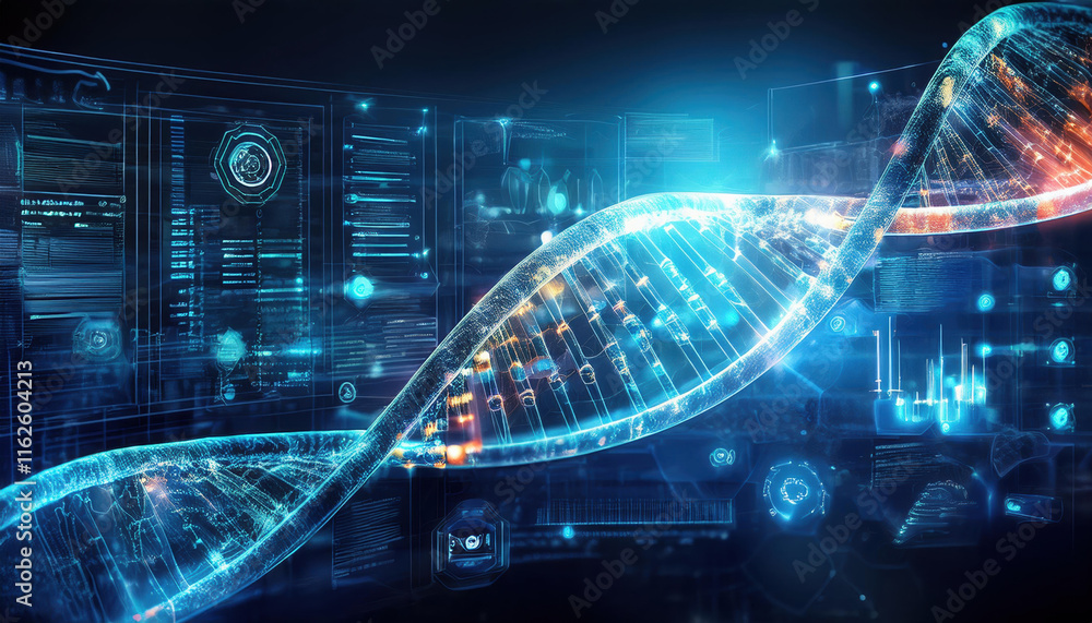 Poster glowing dna strand intertwined with data visualizations, symbolizing innovation and technology in ge