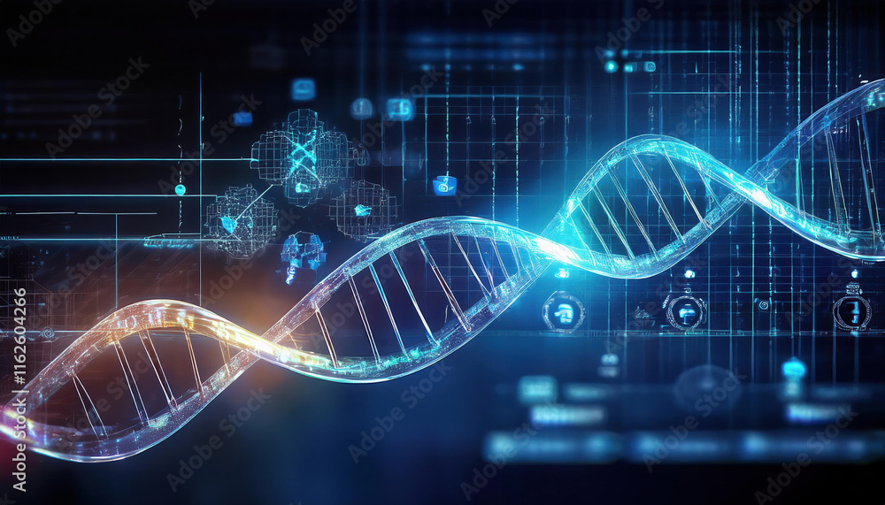 Poster glowing dna strand intertwined with data visualizations, symbolizing innovation and technology in ge