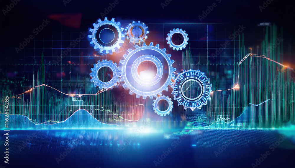 Poster symbolic image of glowing gears interlocked with charts and graphs, representing mechanics of data a