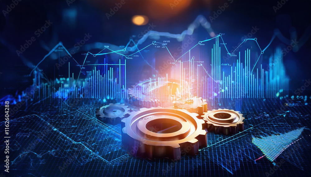 Poster symbolic image of glowing gears interlocked with charts and graphs, representing mechanics of data a