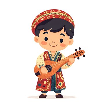 Adorable Cartoon Boy in Traditional Clothing Playing a Stringed Instrument.