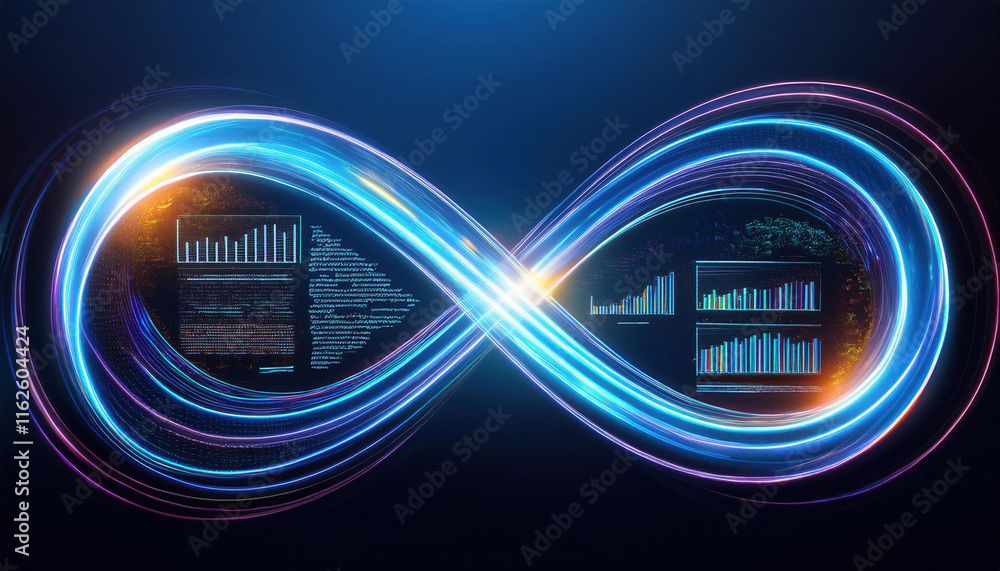 Poster glowing infinity loop with data visualizations, symbolizing endless cycles of information and analys